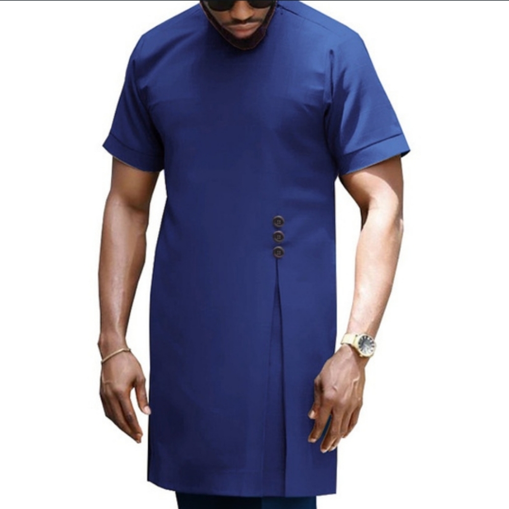 Men's Blue Collarless Kaftan Shirt (M)